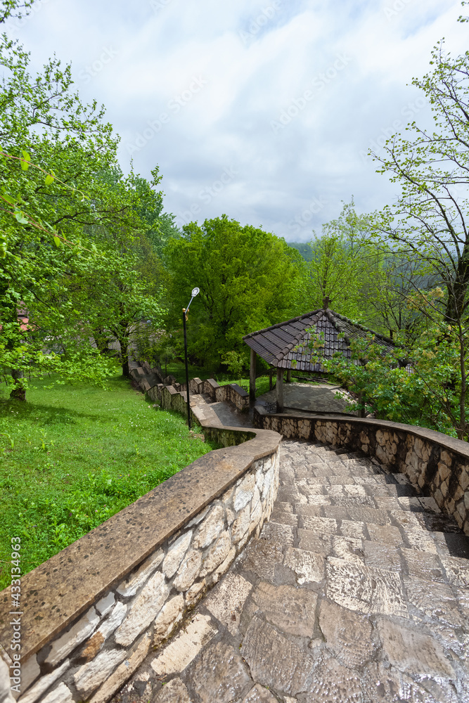 Beautiful courtyard of ancient Martvili monastery in Georgia