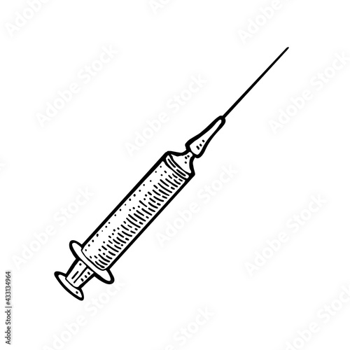 Syringe. Engraving vintage vector black illustration isolated on white.