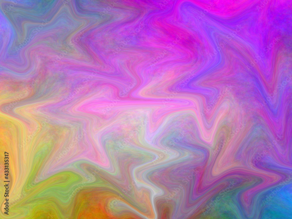 Digital artwork for creative graphic design illustration. Chaotic Liquid design. 2d rendering. Blue, pink, yellow and green colours. Disco lighting texture.