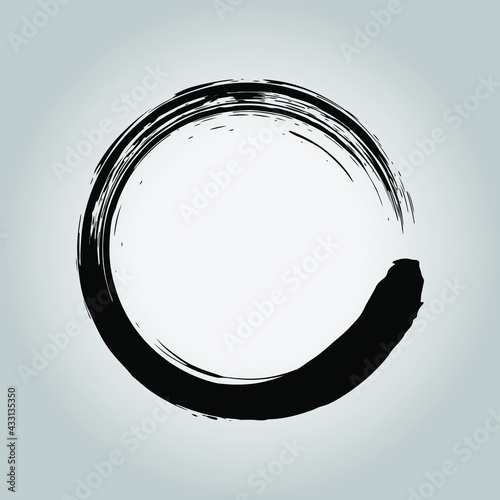 Black grunge Zen ring shape. Black Enso Zen symbol. Circular label, logo, text frame, banner, badge. Grunge design element. Isolated. Distress texture. Ink brush strokes