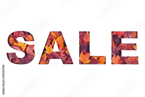 Paper cut sale text filled with texture of yellow and red autumn fall maple leaves isolated on white background. Autumn flyer, banner or poster design template with copy space. Fall shopping concept.