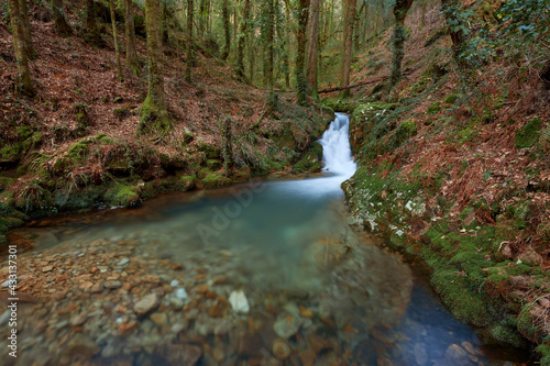 Small waterfall on the Rio de la Fraga in Galicia, Spain.