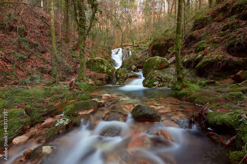 Small waterfall on the Rio de la Fraga in Galicia, Spain.
