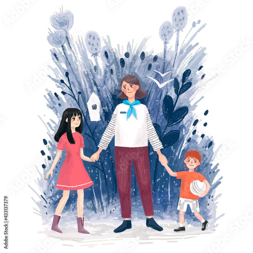 Adult woman standing by the handle with two children boy and girl, family, caring understanding on the background of blue flowers drawing digital educator in an orphanage illustration