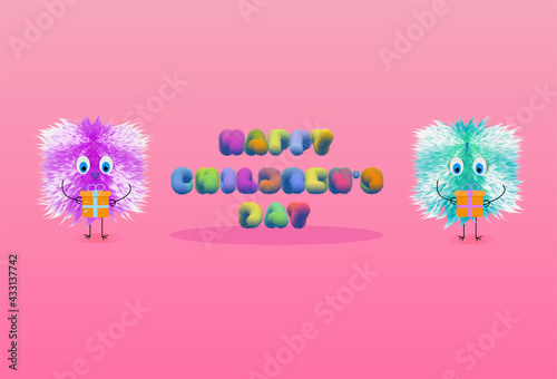 Happy Children's Day, lettering and plush characters. Congratulations on the Children's Day, template design. Plush lettering and funny characters with gift boxes.
