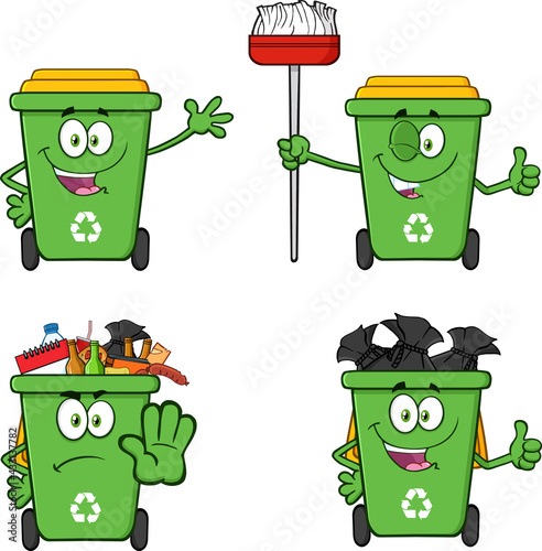 Recycling Bins Cartoon Characters. Vector Collection Set Isolated On White Background