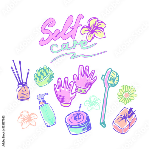 Health Self Care. Beauty routine. Recreation, self care, relax, rest. Bathroom, shower. Flat hand drawn vector illustration, set Stickers Home SPA in doodle style. Beauty Treatment, Spa Essentials