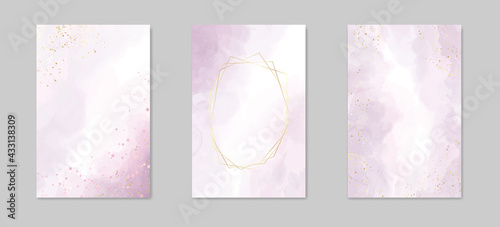 Abstract dusty lavender liquid watercolor background with golden lines, frame and stains. Pastel marble alcohol ink drawing effect. Vector illustration of acrylic fluid art painting