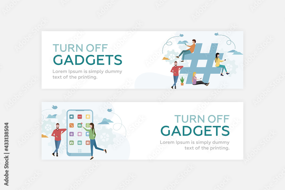 Web banner. Social media addiction. People use smartphones next to the big hashtag. The girl clicks on the mail icon on a large smartphone, next to which is a guy. Vector.