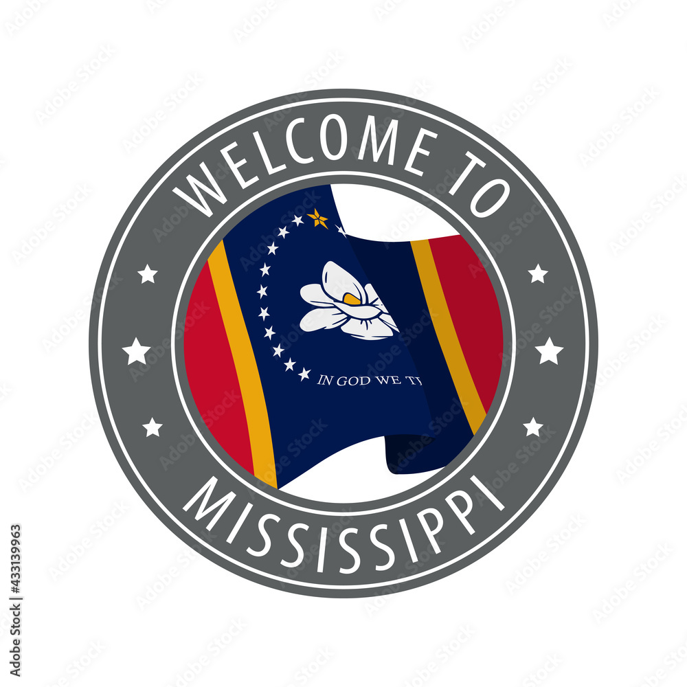Welcome to Mississippi. Gray stamp with a waving state flag. Welcome to Mississippi. Gray stamp with a waving state flag.