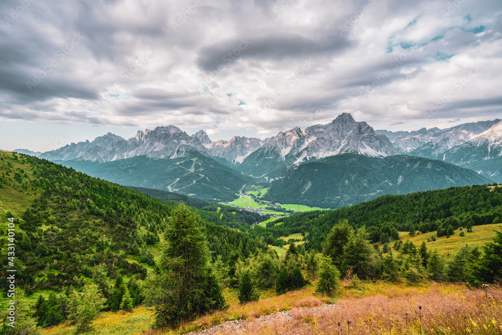 Panoramic view of the Sexten Dolomites, Italy.