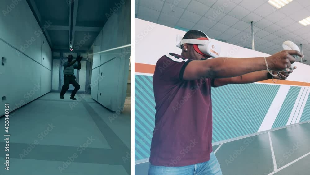 Display of a virtual shooter with an african man playing it Display of a virtual shooter with an african man playing it