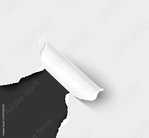 Torn paper with curl. White paper sheet with torn hole corner over black background. Realistic vector paper texture concept for black friday sale