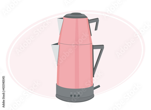 Turkish double teapot illustration. One for boiling, another for tea leaves