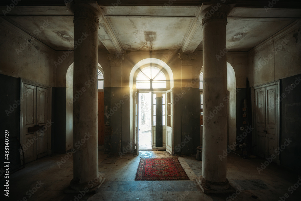 Old abandoned forgotten historical mansion, inside view