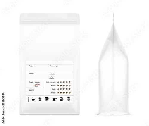 Realistic coffee bag mockup with label. Front and side view. The set helps to present coffee. Suitable brewing methods for your coffee blend. Can be used on packaging, advertising, promo, etc. EPS10.