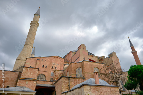 Overcast and cloudscape above the hagia sophia. Ancient hagia sophia mosque by taking photo from Sultanahmet square and magnicient bright sky. . istanbul. Turkey.