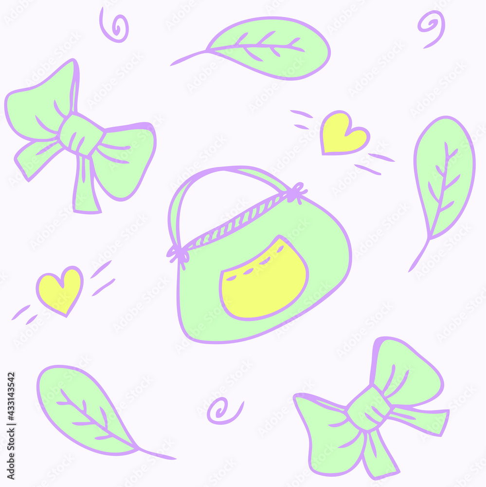 Vector pattern in pastel colors, bag, bows and leaves. Cartoon style. Hand drawn vector illustration. Design for T-shirt, textile and prints.
