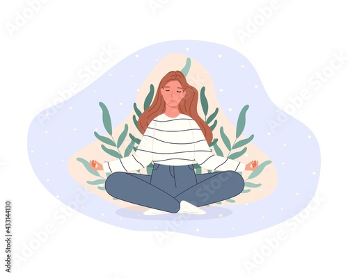 Women sitting on floor and meditating in lotus pose. Yoga meditation practice concept in cartoon style. Vector illustration