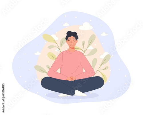 Men sitting on floor and meditating in lotus pose. Yoga meditation practice concept in cartoon style. Vector illustration