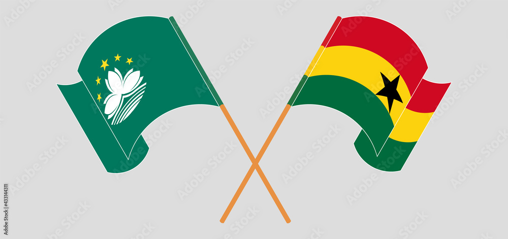 Crossed and waving flags of Macau and Ghana Crossed and waving flags of Macau and Ghana
