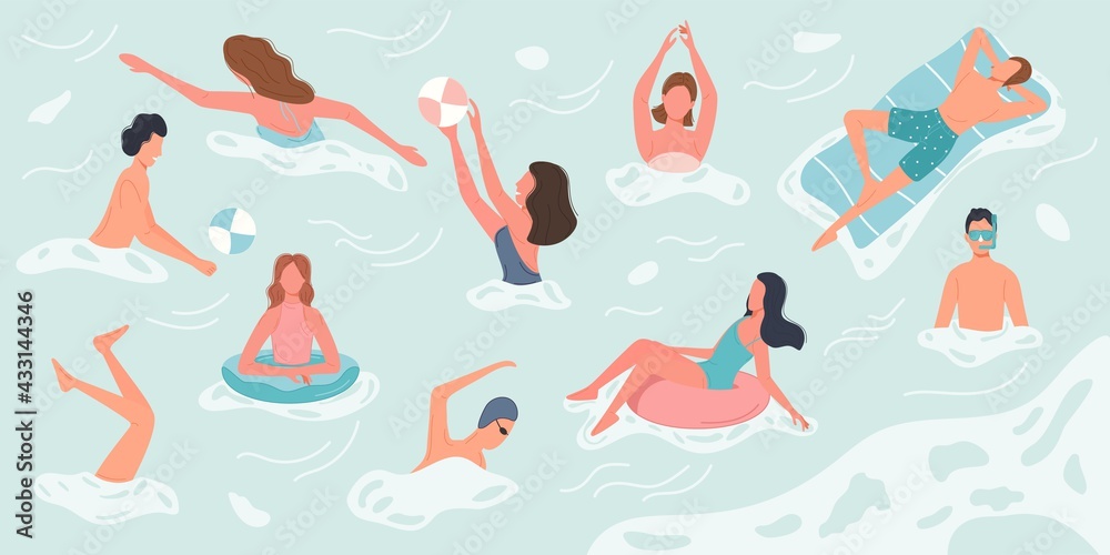 Different people swimming and rests in sea or ocean performing various activities. Characters spend summer vacation time. Vector illustration Different people swimming and rests in sea or ocean performing various activities. Characters spend summer vacation time. Vector illustration