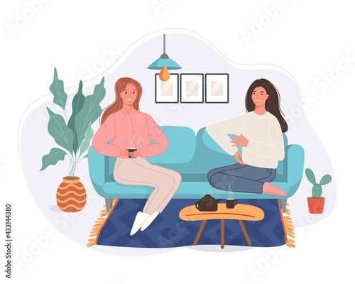 Happy two women sitting in the couch drinking coffee and talking at home. Smiling character spending time together. Vector illustration