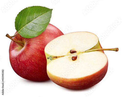 Ripe apple fruit with apple leaf on white background. File contains clipping path.