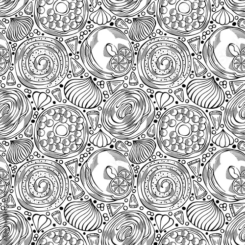 Cartoon hand-drawn donuts seamless pattern. Black and white design for menu, cafe decoration, textile, wallpaper, fabric and delivery box glazed cover. Glazed bakery setting vector background