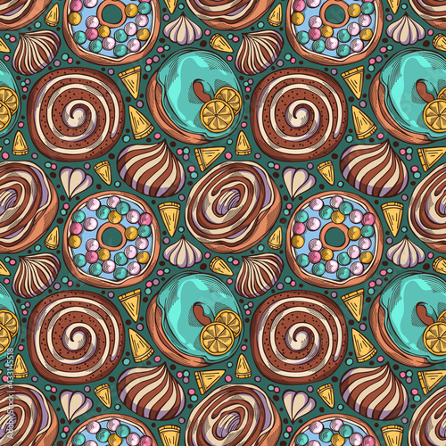 Cartoon hand-drawn donuts seamless pattern. Colorful design for menu, cafe decoration, textile, wallpaper, fabric and delivery box glazed cover. Glazed bakery setting vector background