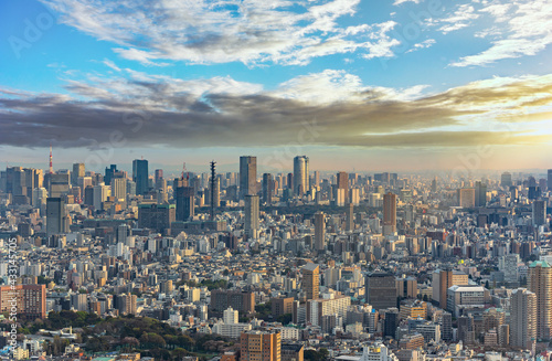 Cityscape of Tokyo city at sunset with famous skyscrapers like roppongi hills or Tokyo tower. © kuremo
