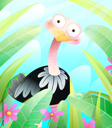 Cute ostrich in green nature, framed with leaves and grass. Funny curious ostrich bird for kids, vector illustration in watercolor style.