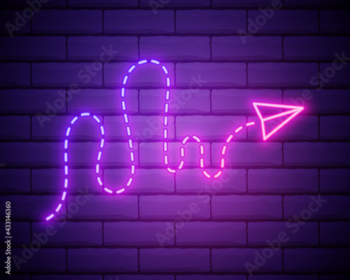 Paper plane with path neon sign.Bright paper plane . Night bright advertisement. Vector illustration in neon style for travel and vacation isolated on brick wall