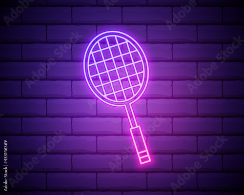 Glowing neon Tennis racket icon isolated on brick wall background. Sport equipment. Vector Illustration