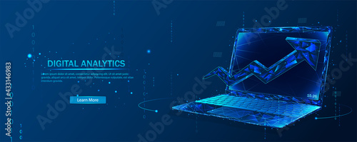 Digital analytics. The up arrow is displayed on the computer screen. Polygon vector. Business concept. Vector low-poly frame in the form of a starry sky or space, consisting of points.