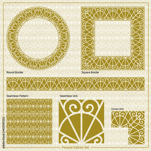 Ornamental border, square frame, circle frame and a seamless Classic pattern, inspired by the metal works of the Eiffel tower in Paris, France (Vector Gold pattern with seamless  design elements)