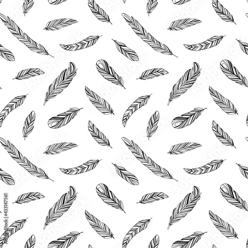 Hand drawn rustic ethnic decorative feathers. Vector seamless pattern. Tribal bird feathers ornament. Vector ink illustration isolated on white background. Ethnic boho style hand drawing © Анастасия Гевко