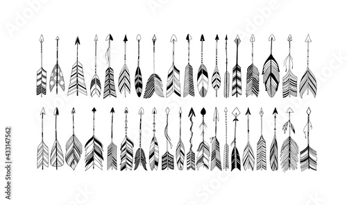 Rustic decorative arrows with feathers elements. Set of boho arrows with different tips and plumage. Hand drawn vintage vector collection. Vector black doodle elements isolated on white background