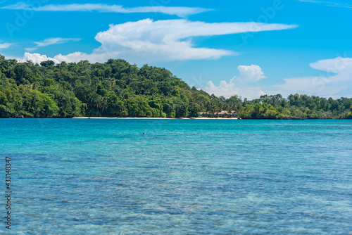 Fototapeta Naklejka Na Ścianę i Meble -  Coastline of the Togian Island Batudaka in the Gulf of Tomini in Sulawesi. The Islands are a paradise for divers and snorkelers and offers an incredible diversity of species