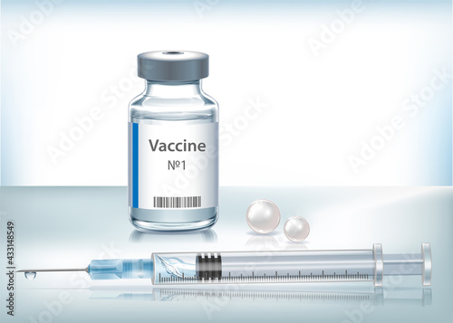 The medical concept with vaccine bottle and syringe for injection.  Transparent vector ampoule on blue background