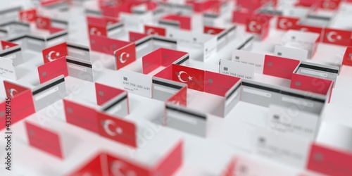 Fictional credit card maze with flag of Turkey. Financial problems related 3D rendering