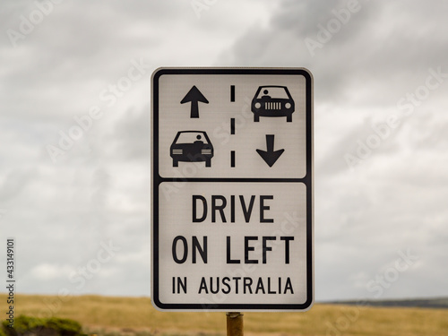 Drive on Left in Australia Road Sign Against a Cloudy Sky