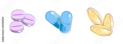 Set of Medical pills or tablets. Assorted oval and round tablets, capsules, medicine. Vector illuatration. Medical and healthcare concept.