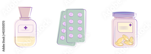 Set of Medical pills or tablets. Assorted oval and round tablets, capsules, medicine  in jar and blister. Medical and healthcare concept. Vector illuatration.