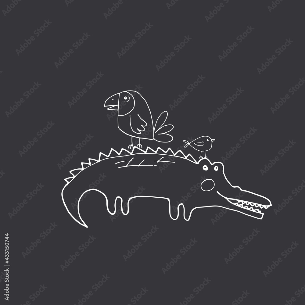 Cute Crocodile or Alligator and birds Cartoon Animal, baby and children print design Vector Illustration