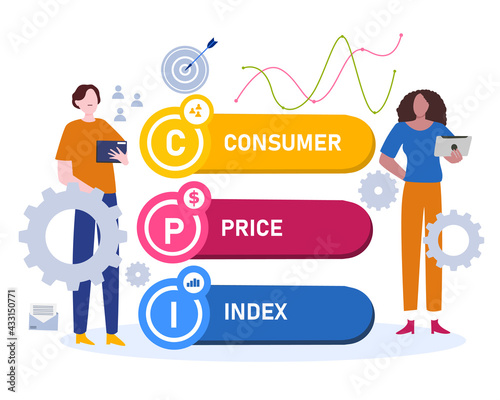 consumer price index concept man and woman hold tablet analyzing data with cartoon flat style
