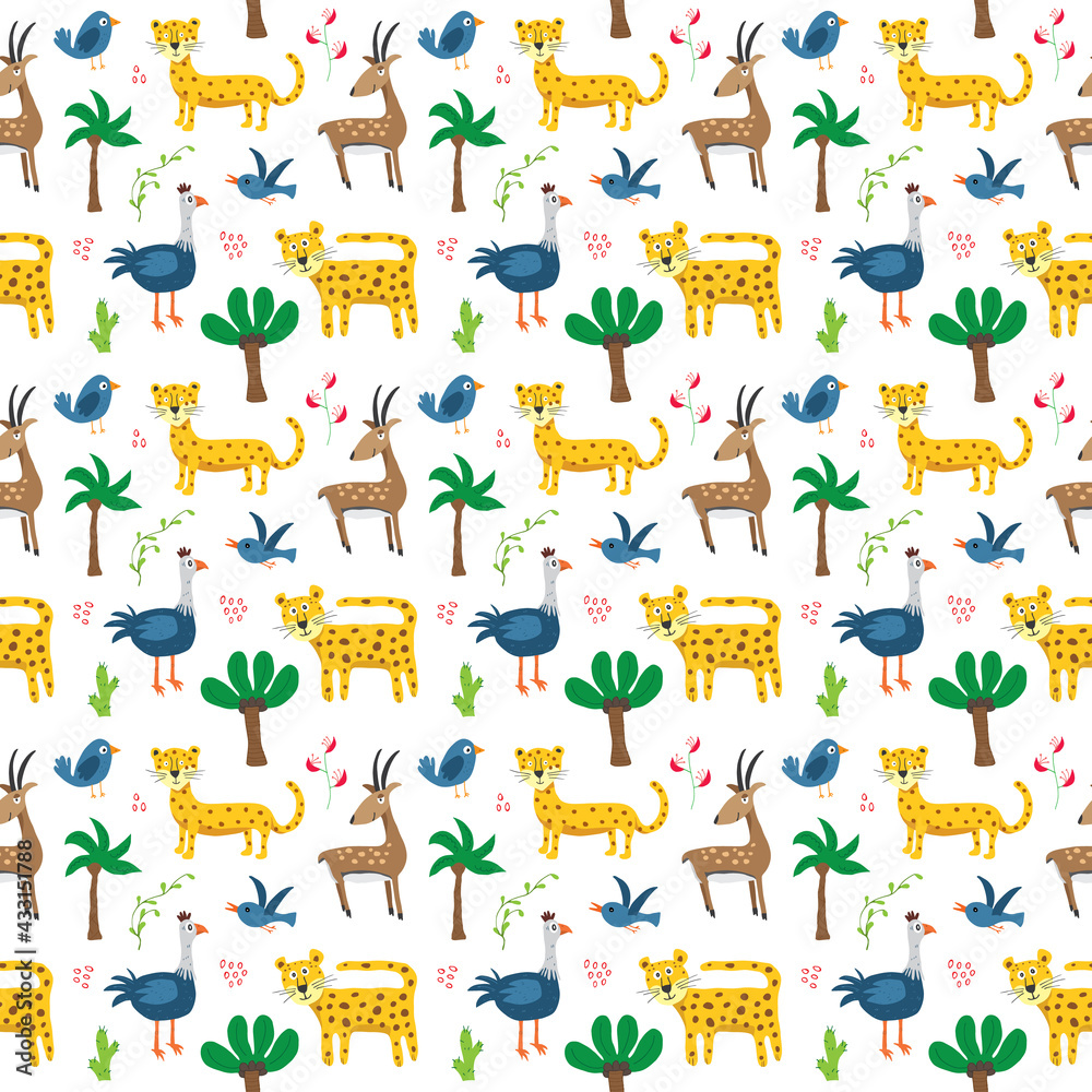Cute Animals Seamless pattern. Cartoon Animals and Tropical plants doodles. Cartoon Vector illustration