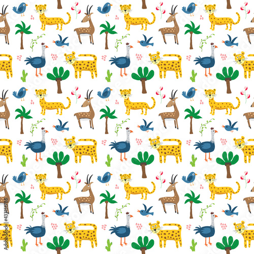 Fototapeta Naklejka Na Ścianę i Meble -  Cute Animals Seamless pattern. Cartoon Animals and Tropical plants doodles. Cartoon Vector illustration