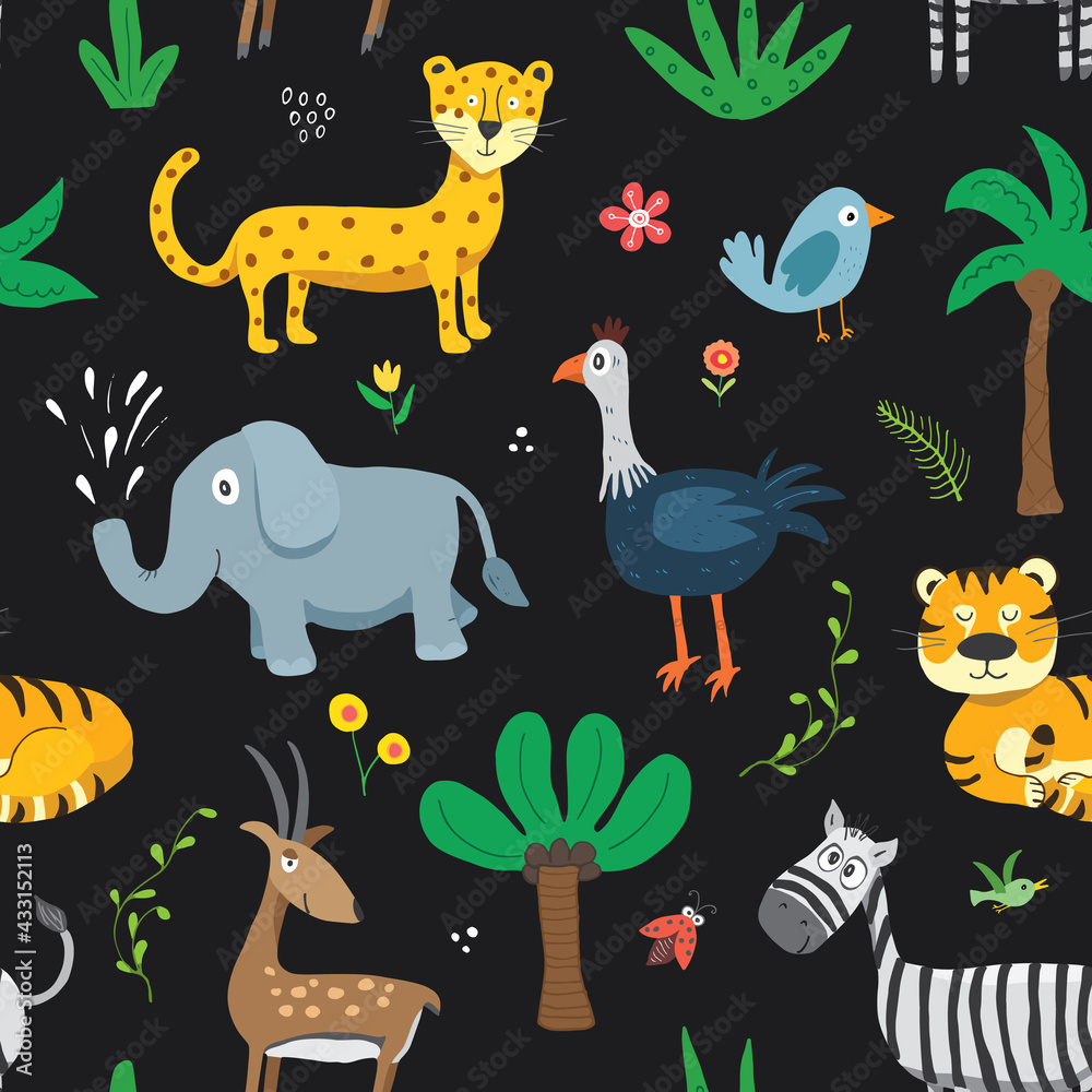 Cute Animals Seamless pattern. Cartoon Animals and plants doodles. Cartoon Vector illustration