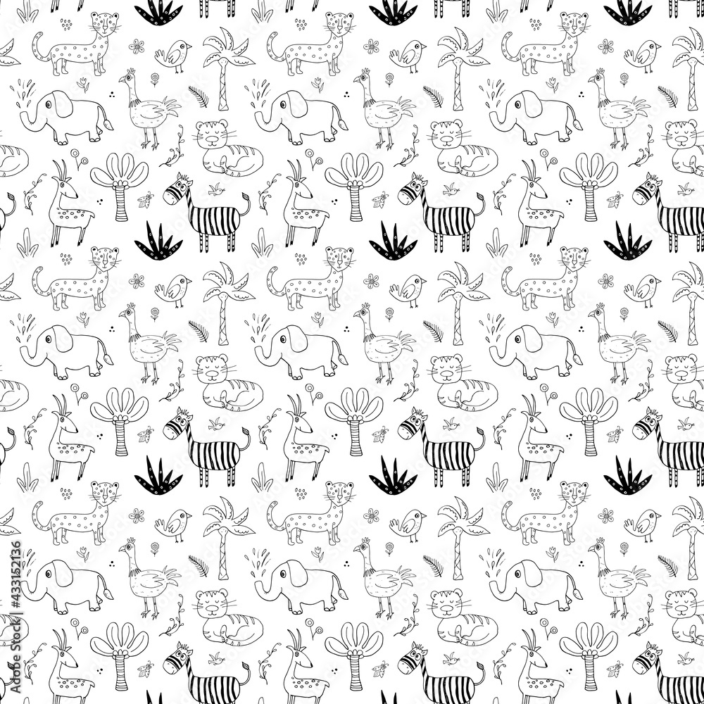 Cute Animals Seamless pattern. Cartoon Animals and plants doodles. Cartoon Vector illustration Cute Animals Seamless pattern. Cartoon Animals and plants doodles. Cartoon Vector illustration
